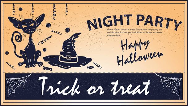 Vintage Halloween Party Invitation, hellcat and witch hat - Vector, Image