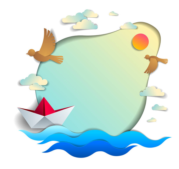 Paper ship swimming in the sea waves with beautiful beach and palms, frame or border with copy space, origami toy boat floating in the ocean, scenic seascape, birds and clouds in the sky, vector. - Vektör, Görsel