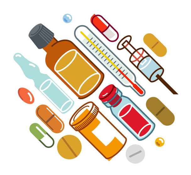 Pharmacy drugs apothecary bottles and pills and ampules, big composition set of medicaments vector flat illustration isolated, health care and healing medical theme design. - Vektor, kép