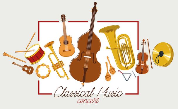 Classical music instruments poster vector flat style illustration, classic orchestra acoustic flyer or banner, concert or festival live sound, diversity of musical tools. - Wektor, obraz
