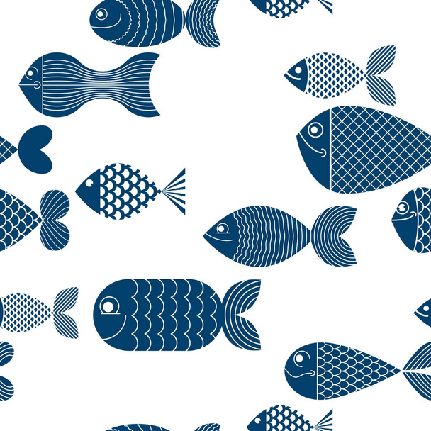 Funny cartoon fishes vector seamless background, cute childish pattern for children textile or wrapping paper or packaging for seafood products. - Вектор,изображение