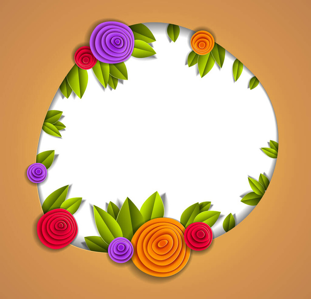 Flowers and leaves beautiful background or frame with blank copy space for text, vector illustration in paper cut style. Wedding invitation or romantic greeting card. - Διάνυσμα, εικόνα