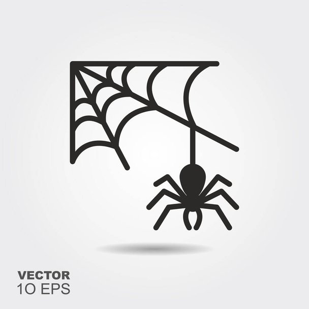 Telaraña y araña. Icono de silueta. Símbolo plano de Halloween con sombra - Vector, imagen