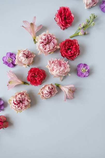 Естетичний фон з барвистими червоними та рожевими трояндами та фіолетовими квітами на синьому фоні. Красива квіткова композиція
 - Фото, зображення