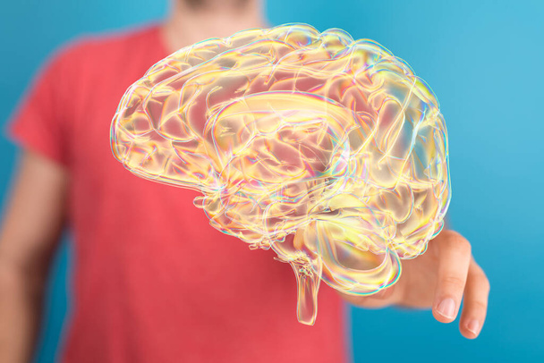 A closeup of a man pointing into 3D rendered human brain anatomical model - Fotoğraf, Görsel