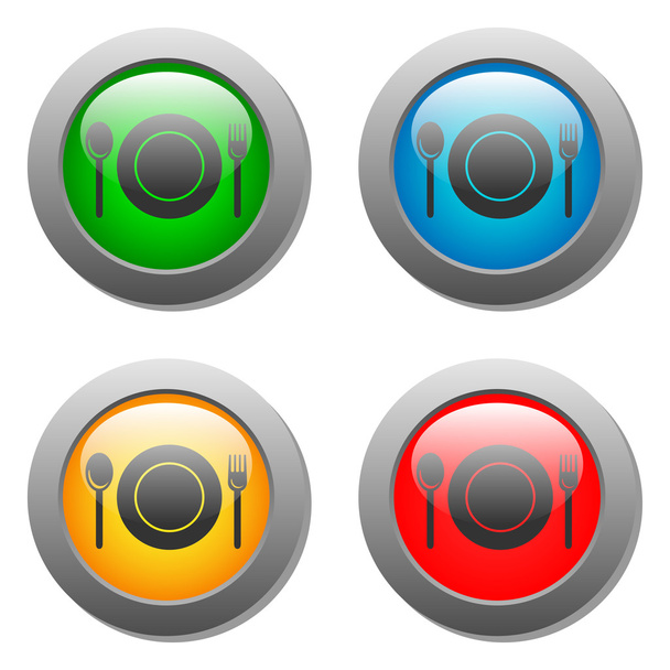 Placa colher e garfo ícone no botão de vidro definido
 - Vetor, Imagem