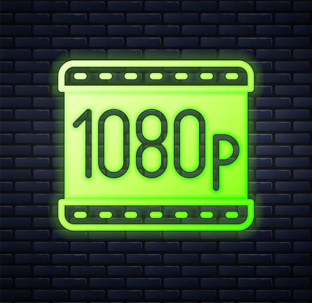 Zářící neon Full HD 1080p ikona izolované na pozadí cihlové stěny. Vektor - Vektor, obrázek