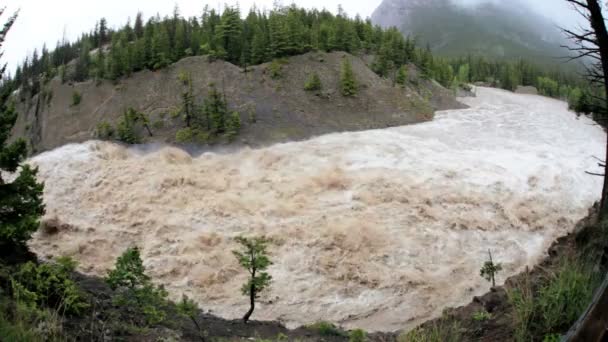 Flood water snaking down swollen mountain river, - Footage, Video