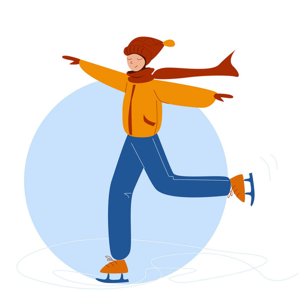 幸せな若い男がアウターでスケートしている。ベクトル漫画イラスト。ウィンタースポーツ - ベクター画像