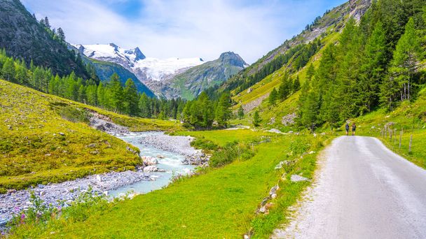 Two backpackers hike in the alpine valley - Foto, immagini