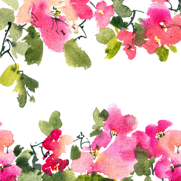 Υδατογραφία και μελάνι απεικόνιση της ανθοφορίας με ροζ λουλούδια, μπουμπούκια και φύλλα. Oriental παραδοσιακή ζωγραφική σε στυλ sumi-e, u-sin και gohua. - Φωτογραφία, εικόνα