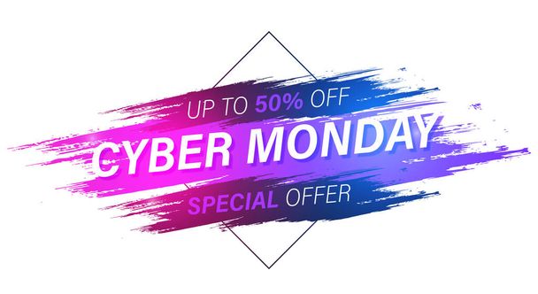  Icon, Banner, Sticker with Text Cyber Monday Discounts 50 percent Off, Special offer with texture paint brush and neon light on white - Vektor, obrázek