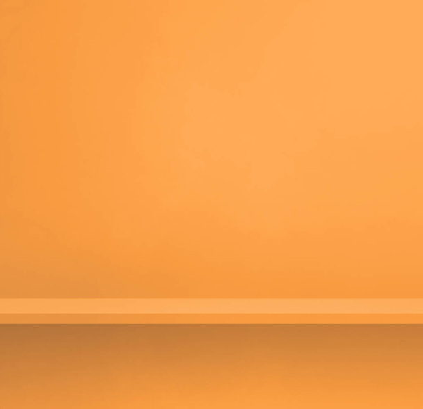 Empty shelf on light orange wall. Background template scene. Square banner - Фото, изображение