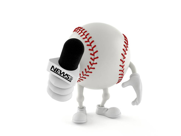 Baseball karakter holding interjú mikrofon elszigetelt fehér háttérrel. 3d illusztráció - Fotó, kép