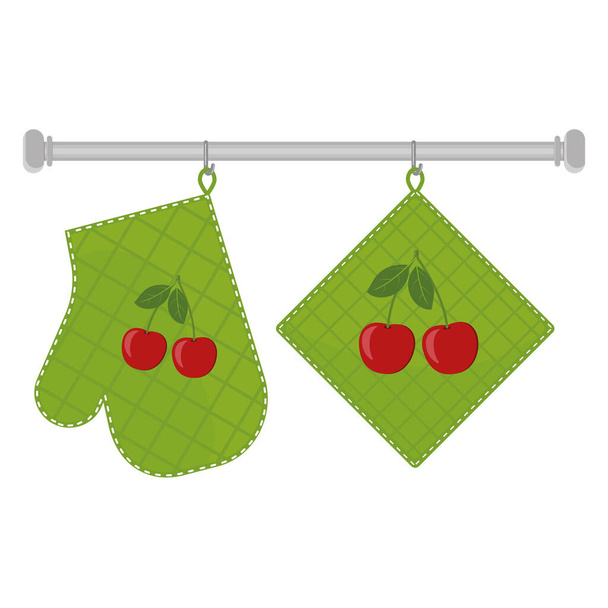 Oven mitt and oven mitt hanging on the rack on hooks, color isolated vector illustration in the flat style. - Vector, Image