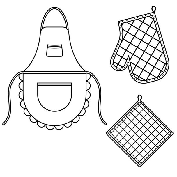 Oven mitt and oven mitt and apron hanging on the rack on hooks, black contour isolated vector illustration - Vector, Image