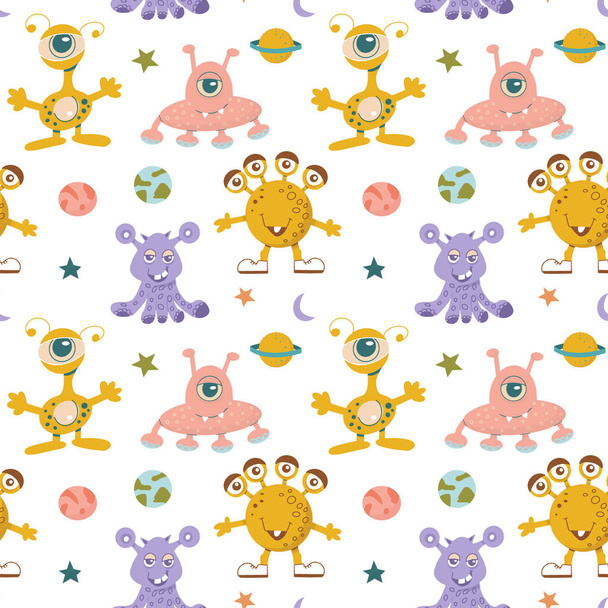 Seamless pattern of alien cute monsters and various planets and galactic stars. Vector flat illustration. - Vecteur, image