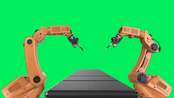 Concetto di industria dell'automazione con linea di assemblaggio robot di rendering 3d su filmati 4k a schermo verde - Filmati, video