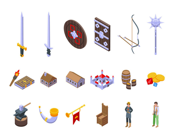Medieval icons set isometric vector. History sword - Vector, Image