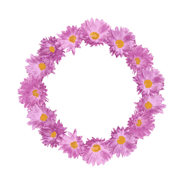Round frame with pink flowers. Round template for social media posts, mobile apps, banner design, photo and online advertising. Pink, purple daisies. Decorative frame. Vector illustration. - Vector, afbeelding