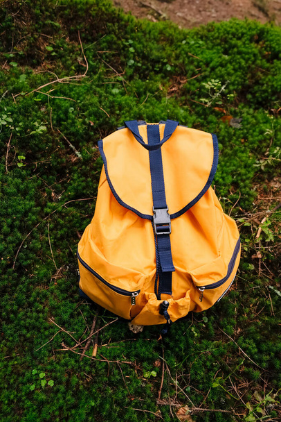 Pomarańczowy plecak turystyczny w lesie na zielonym mchu - Zdjęcie, obraz