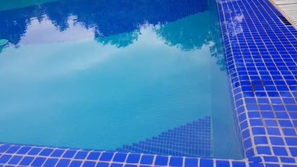 4k video, superficie de agua azul en una piscina al aire libre con azulejos de mosaico azul. El movimiento de las ondas de agua en el fondo de azulejos de mosaico azul, el reflejo de los árboles - Metraje, vídeo