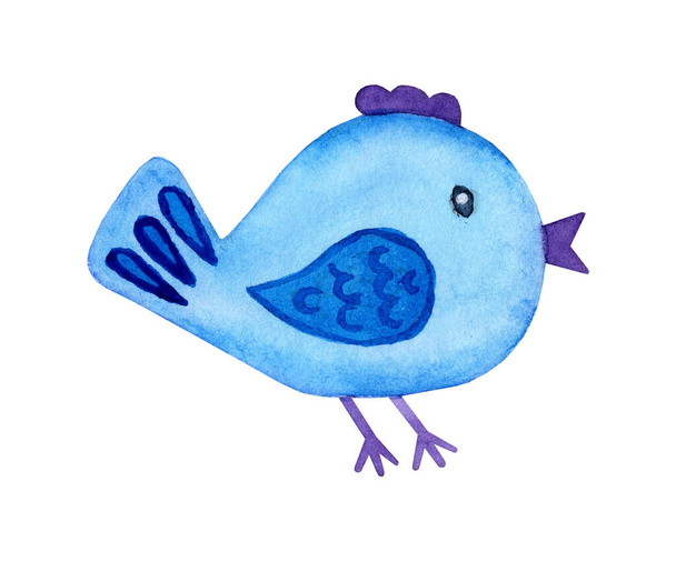 Watercolor painting doodle blue bird. Cartoon style cartoon cute bird. Colorful decorative element for the design of cards, invitations, textiles, fabrics. Isolated over white background. Drawn - Photo, Image