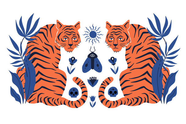 Symmetrical concept with tigers and mystical boho elements. Hand drawn vector illustration - Vector, Image