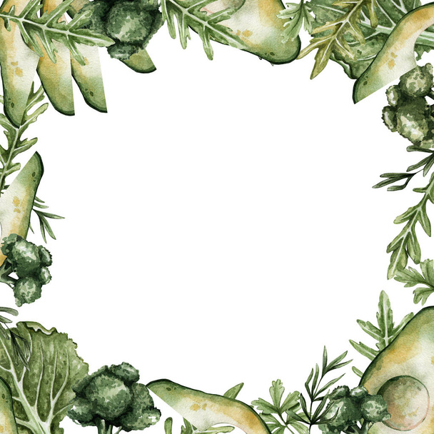 Frame with arugula, broccoli, beans, salad and avocado. Background for invitations, menus, decoration of restaurants, cafes, bars - Fotografie, Obrázek