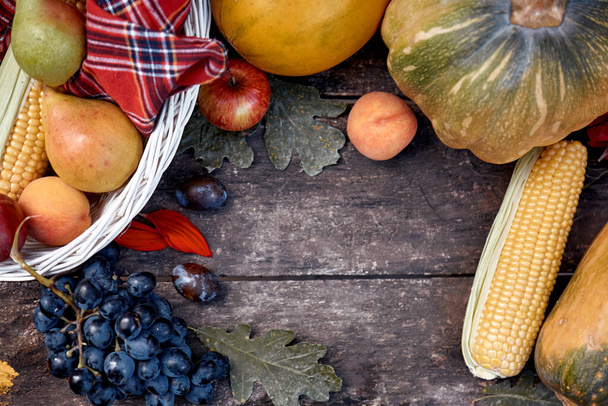 Herfst esthetische platte lay: geel fruit, groenten: pompoen, peren, appel, meloen en maïs. Thanksgiving Day concept met plaats voor tekst. Herfst stilleven. Hoge kwaliteit foto - Foto, afbeelding