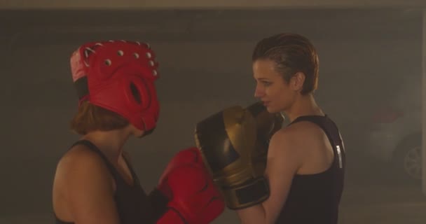 Zwei starke Mädels schauen sich vor dem Training an - Filmmaterial, Video