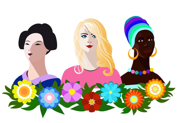 Tres mujeres de diferentes razas - asiáticas, europeas y negras con flores decorativas aisladas sobre un fondo blanco. - Vector, imagen