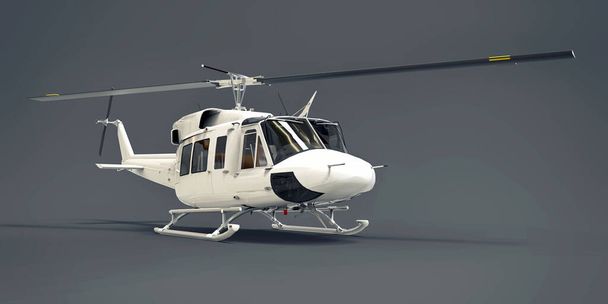 Bílý malý vojenský transportní vrtulník na šedém izolovaném pozadí. Helikoptéra záchranné služby. Letecký taxi. Vrtulník pro policii, hasiče, záchranáře a záchranáře. 3D ilustrace - Fotografie, Obrázek