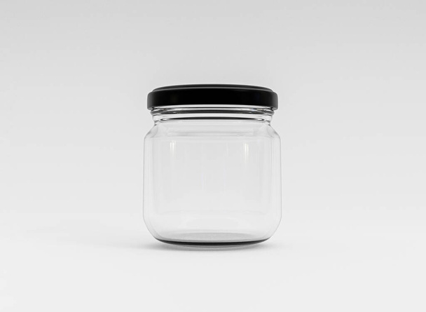 Aislamiento de frasco de vidrio transparente cerrado con cubierta negra sobre fondo blanco por renderizado 3d. - Foto, imagen