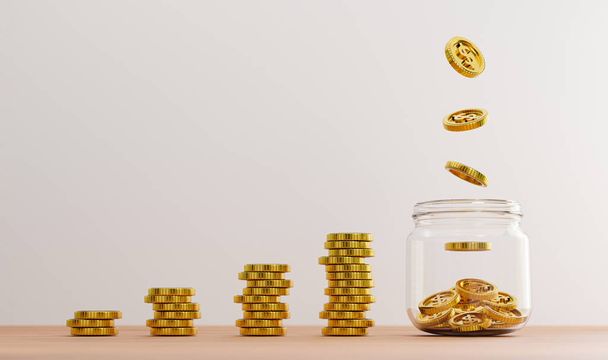 Monety dolara amerykańskiego spada do złotych monet wewnątrz przejrzystego słoika i monety układania na stole dla inwestycji i bankowych oszczędności finansowych koncepcji depozytu przez 3d renderowania. - Zdjęcie, obraz