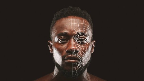 Afro-américain mec obtenir visage numérisation sur fond noir, collage - Photo, image