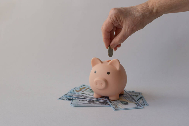 The hand of an elderly woman puts a coin in the piggy bank of a pink pig, which stands on dollar bills on a white background. Copy space. Home Finance - Foto, afbeelding