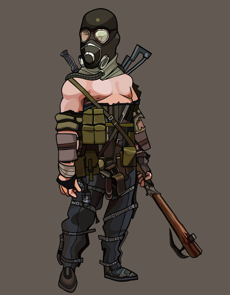 cartoon man in gas mask and with weapon apocalypse survivor - ベクター画像