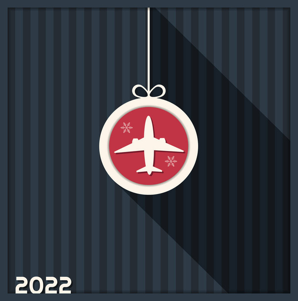 2022クリスマスボールと飛行機で新年の挨拶カード - ベクター画像