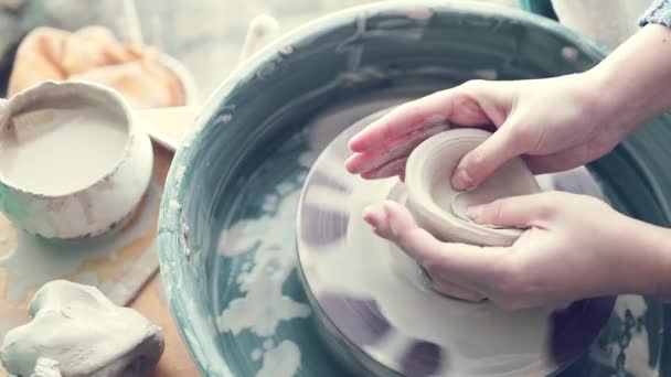 the student learns to work on a potter's wheel. clay wrinkles and deteriorates. start of student training - Footage, Video