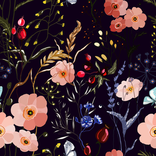 Met de hand getekend naadloos patroon met kleurrijke kruiden en bloemen op donkere achtergrond. Wilde bloemen textuur, print. Vectorillustratie - Vector, afbeelding