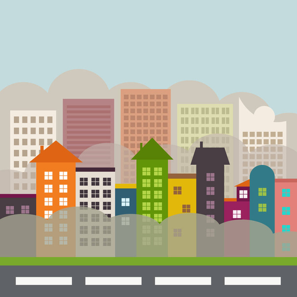 Paisagem urbana com Skylines, Casas coloridas. Poluição, fumaça da cidade - Vetor, Imagem