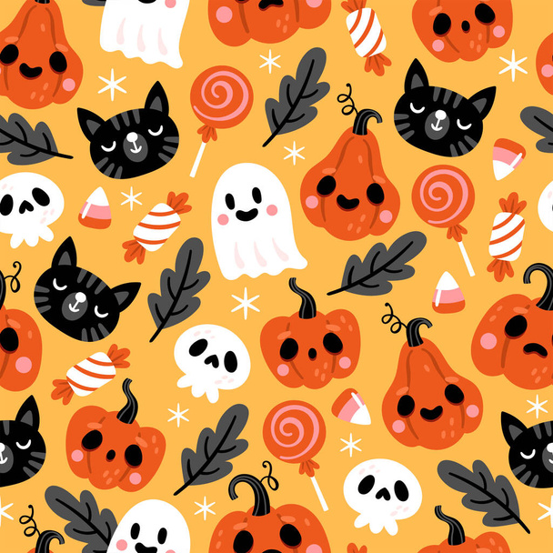 Seamless pattern for Halloween holiday with pumpkin, black cat, ghost and skull. Childish background for fabric, wrapping paper, textile, wallpaper and apparel - Vecteur, image