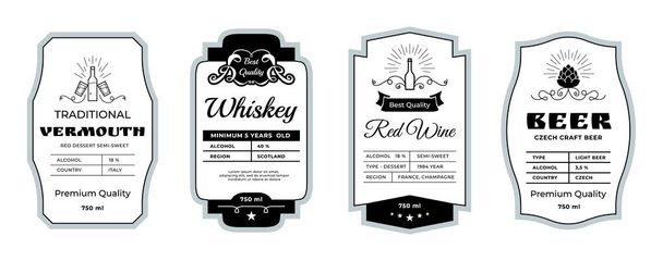 Vintage alcohol label. Minimalistic stickers for whiskey and beer bottles. Wine or vermouth branding emblems. Drinks stamps layout with abstract ornament elements. Vector tags design set - Vector, Image