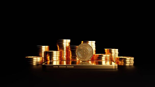 Bitcoin golden coin. Digital currency. Cryptocurrency concept. Money and finance symbol. Mobile phone next to stacks of bitcoins. 3d rendering. - Zdjęcie, obraz