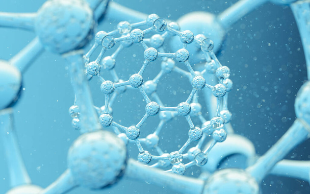 Chemische Moleküle mit blauem Hintergrund, 3D-Rendering. Digitale Computerzeichnung. - Foto, Bild
