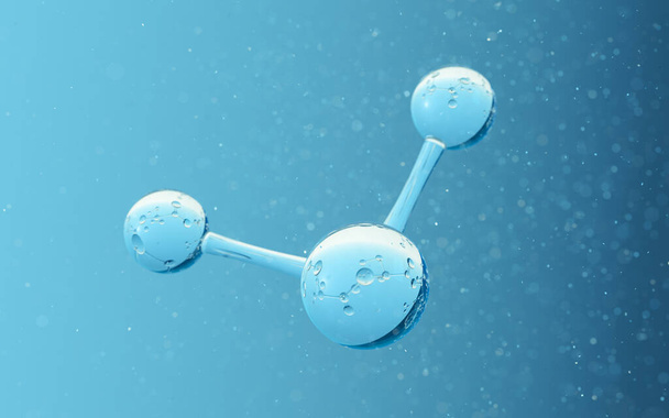 Chemische molecule met blauwe achtergrond, 3d rendering. Digitale computertekening. - Foto, afbeelding