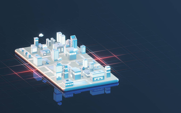 Információátadás okostelefonok és városok között, 3D renderelés. Számítógépes digitális rajz. - Fotó, kép