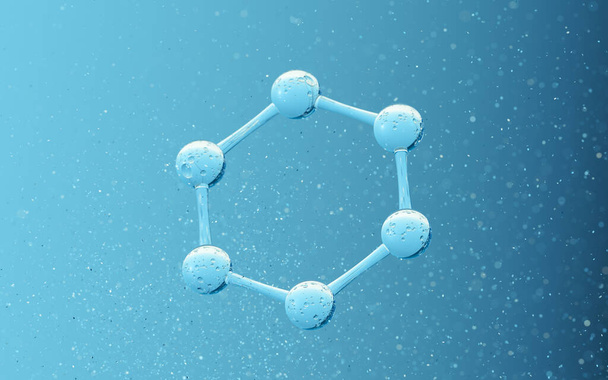 Chemická molekula s modrým pozadím, 3D vykreslování. Digitální kresba počítače. - Fotografie, Obrázek