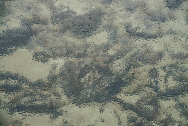 Atmosferische natuur achtergrond met veel zwarte stenen op de zandbodem in helder water van het meer met regencirkels. Transparante bergmeer. Minimale achtergrond van helder water met regencirkels en stenen. - Foto, afbeelding